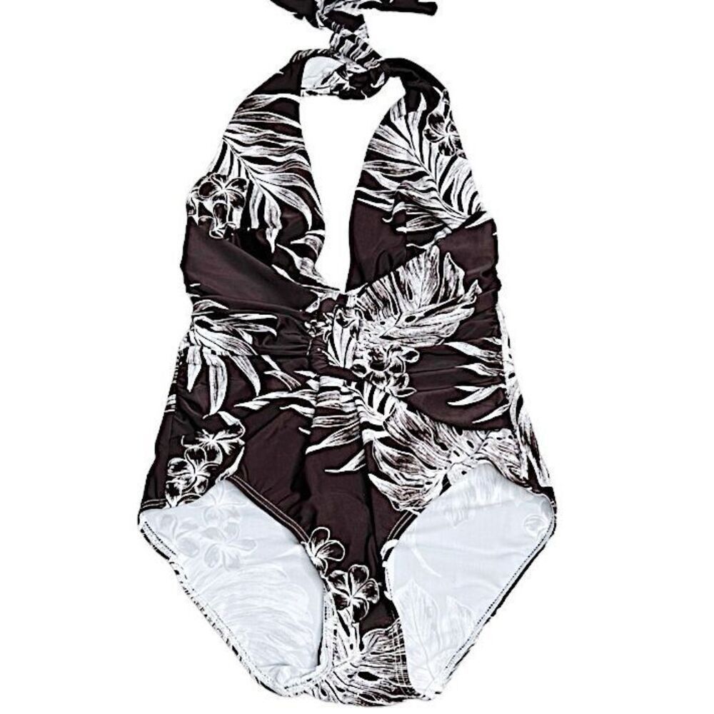 Tommy Bahama Shirred Plunge Halter One Piece Swimsuit in Barolo Brown NWT Size 8